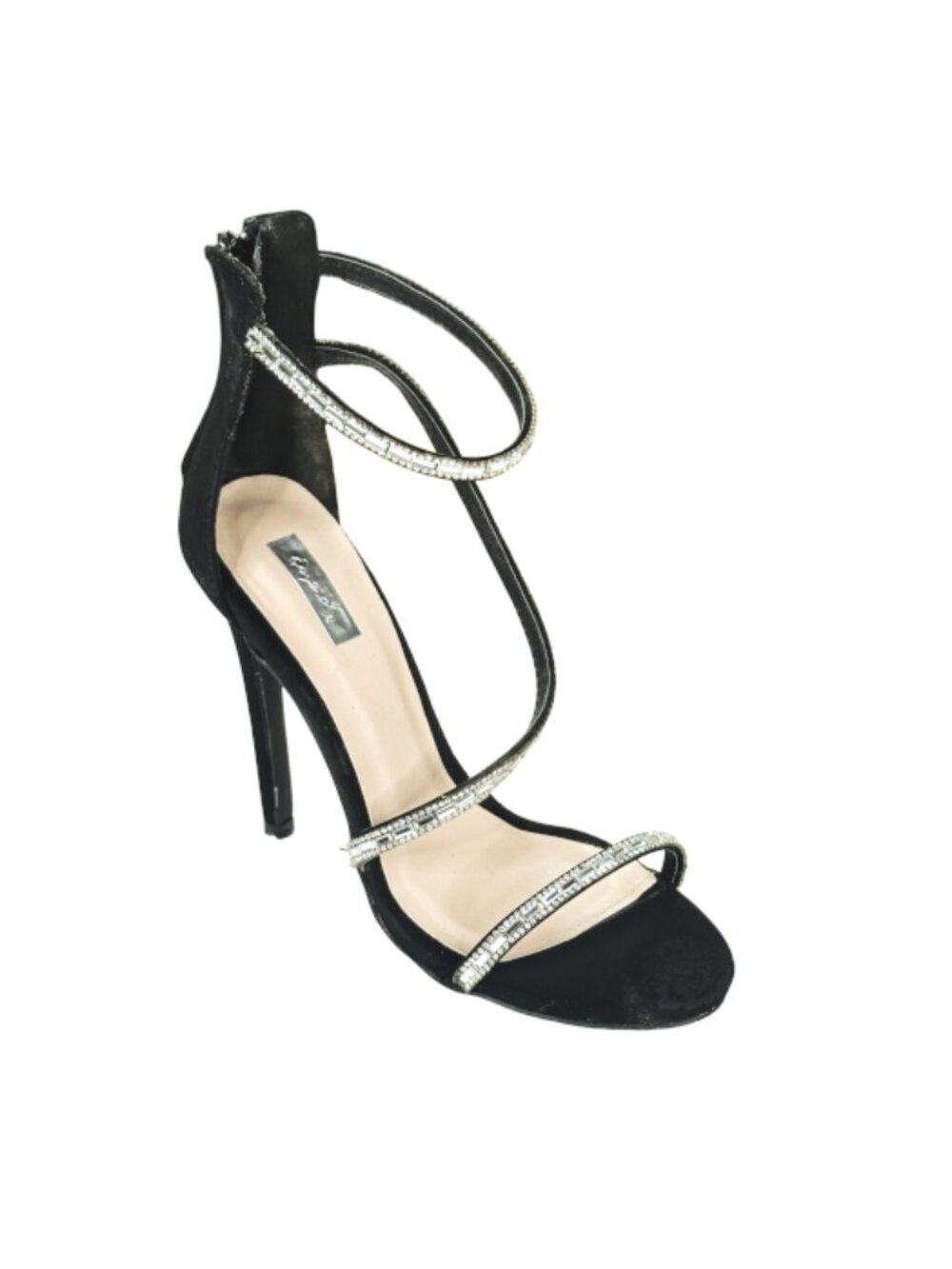 Qupid Glee-330X Black Rhinestone Strappy Stiletto Heels